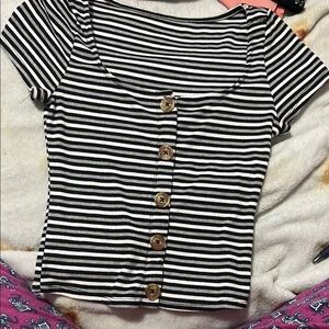 Striped Black and White Button-Up Top